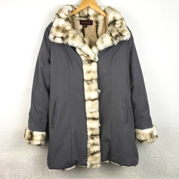 Hal Rubenstein gray leopard lined faux fur jacket Medium Penny Lane coat - Picture 14 of 14